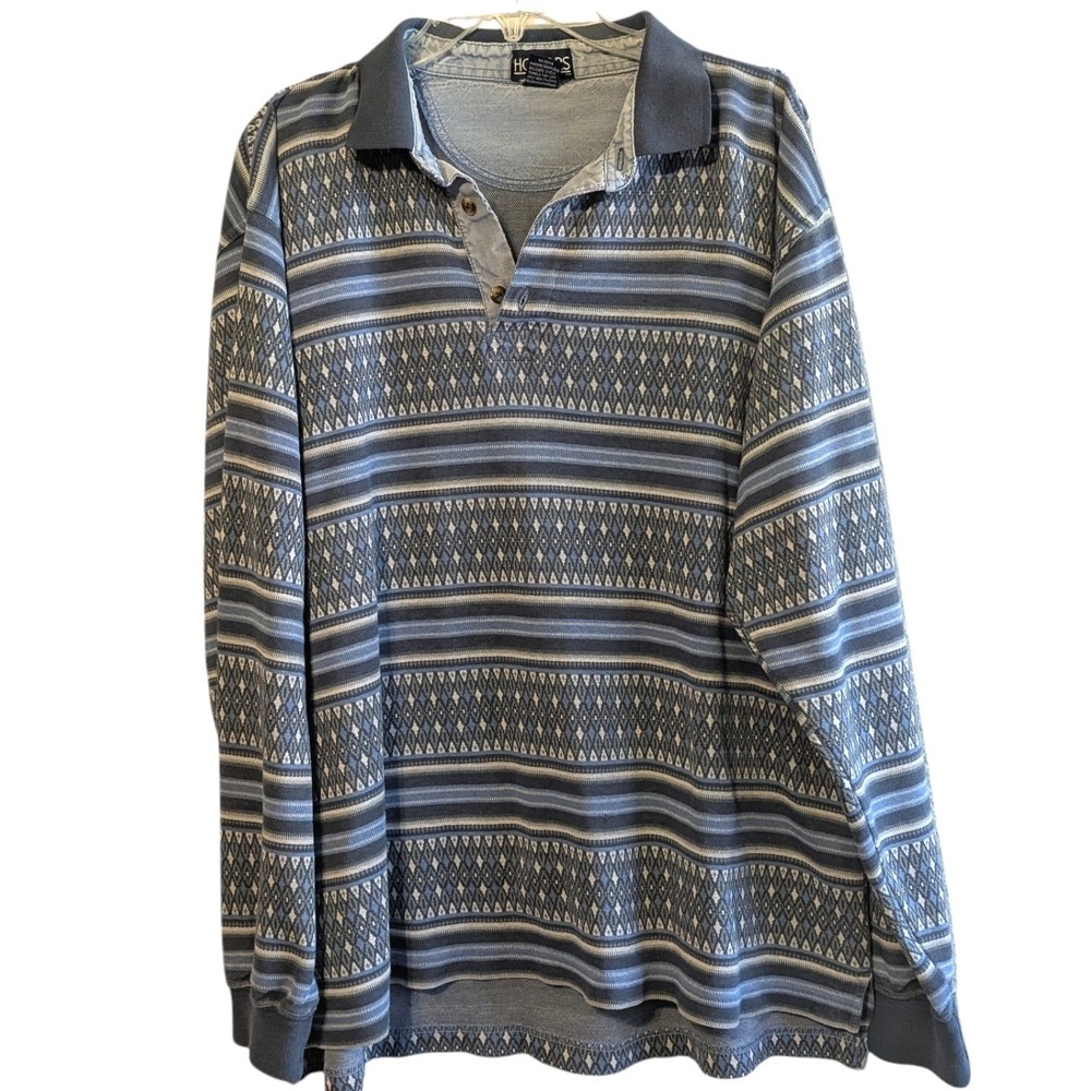 VTG Honors Mens Long Sleeve Polo Shirt Blue Geometric Fair Isle Pattern Large